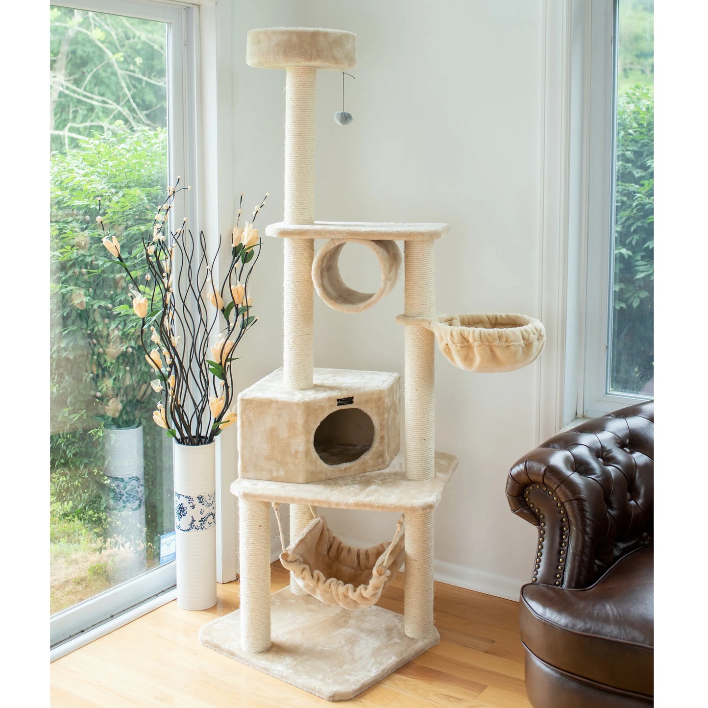 Real Wood 72" H Pet Cat Tower W Lounge Basket, Perch, A7204