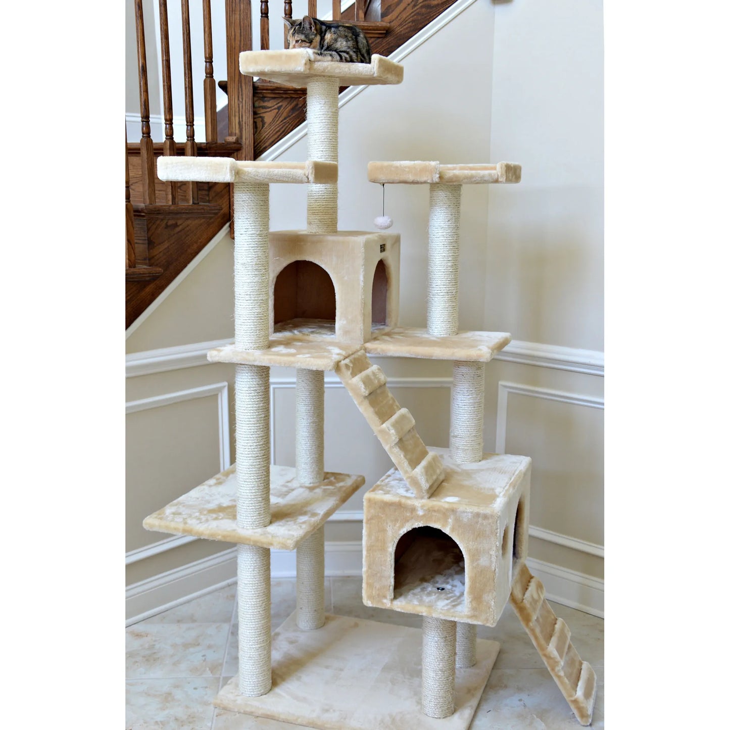 Real Wood 74" Multi-Level Cat Tree Large Cat Play Furniture