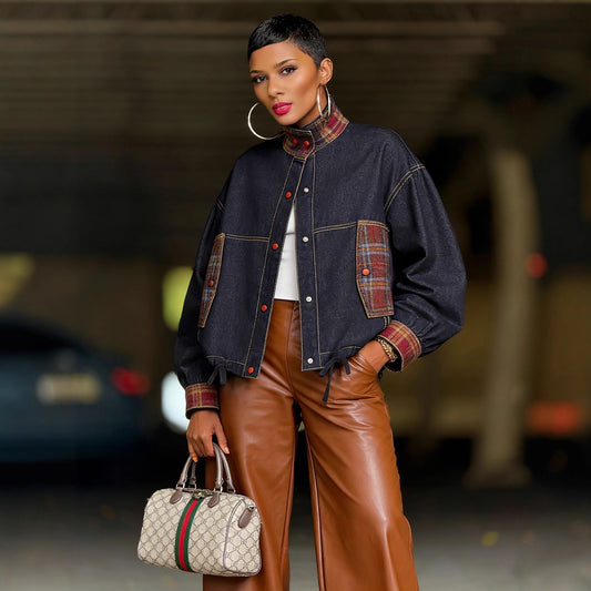 Vintage Single-Breasted Multi-Color Plaid Patchwork Denim Jacket